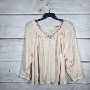 Nomad The Label Top Women XXL Pink Cotton Gauze Embroidered Boho Peasant Blouse